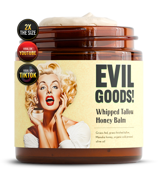 EVIL GOODS! Whipped Beef Tallow and Manuka Honey Balm, 4oz, Organic Face Cream, Moisturizer, Body Lotion, Skin Care and Lip Balm