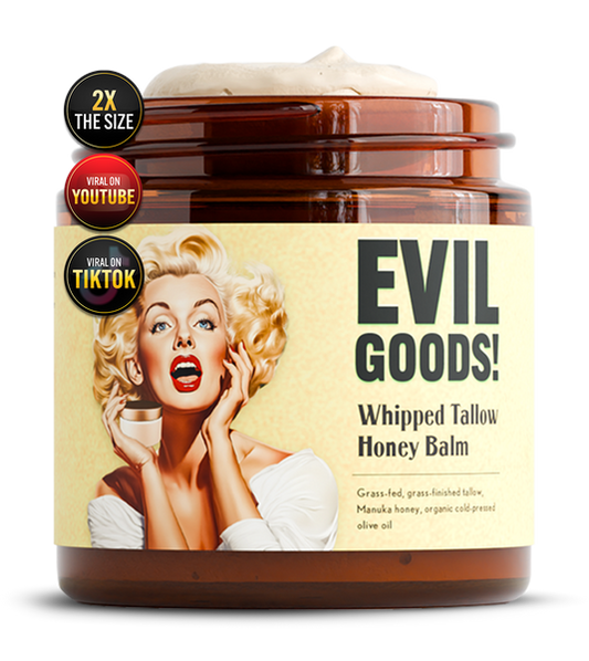 EVIL GOODS! Whipped Beef Tallow and Manuka Honey Balm, 4oz, Organic Face Cream, Moisturizer, Body Lotion, Skin Care and Lip Balm